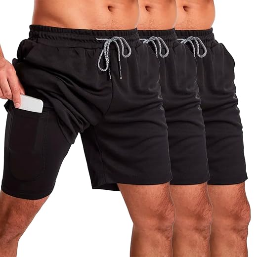 Kit 3 Bermuda Short 2 em 1 Masculino Academia Corrida Dry Fit Compressão Bolso Celular Treino