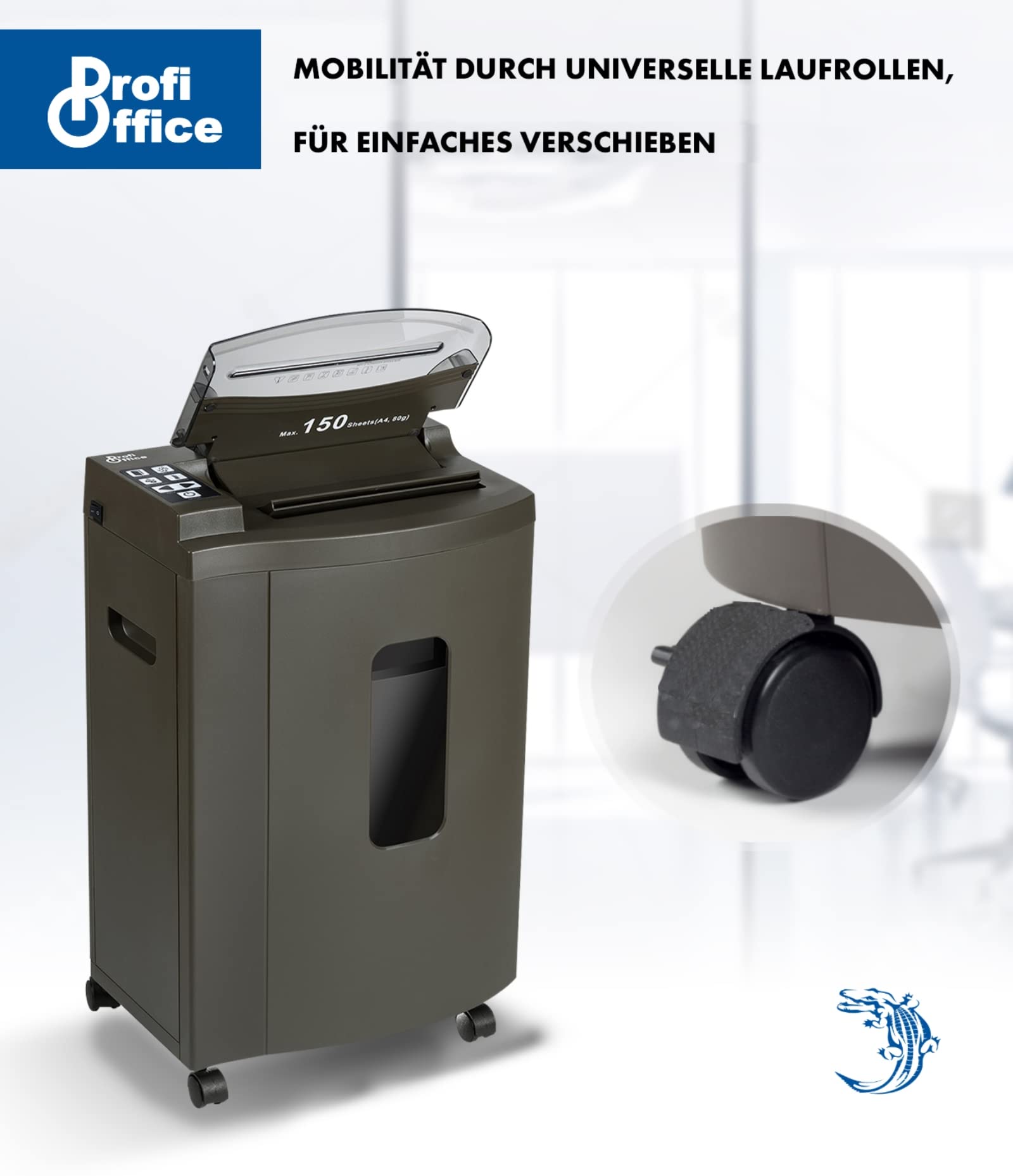 Profi Office Auto Feed niszczarka dokumentów, cięcie cząstek P-5, 150 arkuszy jednocześnie, niezawodna, cicha praca, standard DSGVO (91956)