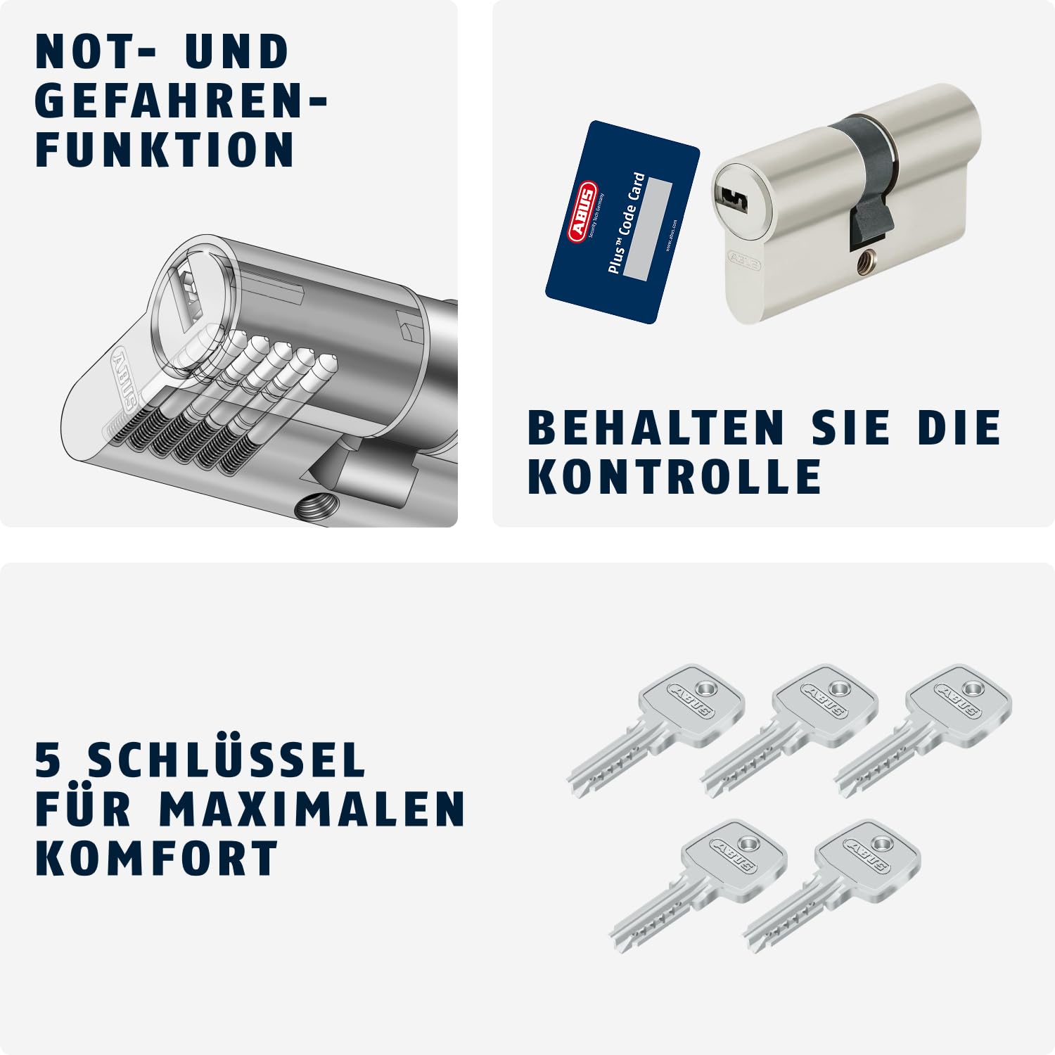 ABUS Profilzylinder D6XNP 30/30 mit 5 Schlüsseln und Code-Karte - Türschloss für Sicherheit an Haustür und Wohnungstür - Doppelzylinder mit Not- und Gefahrenfunktion
