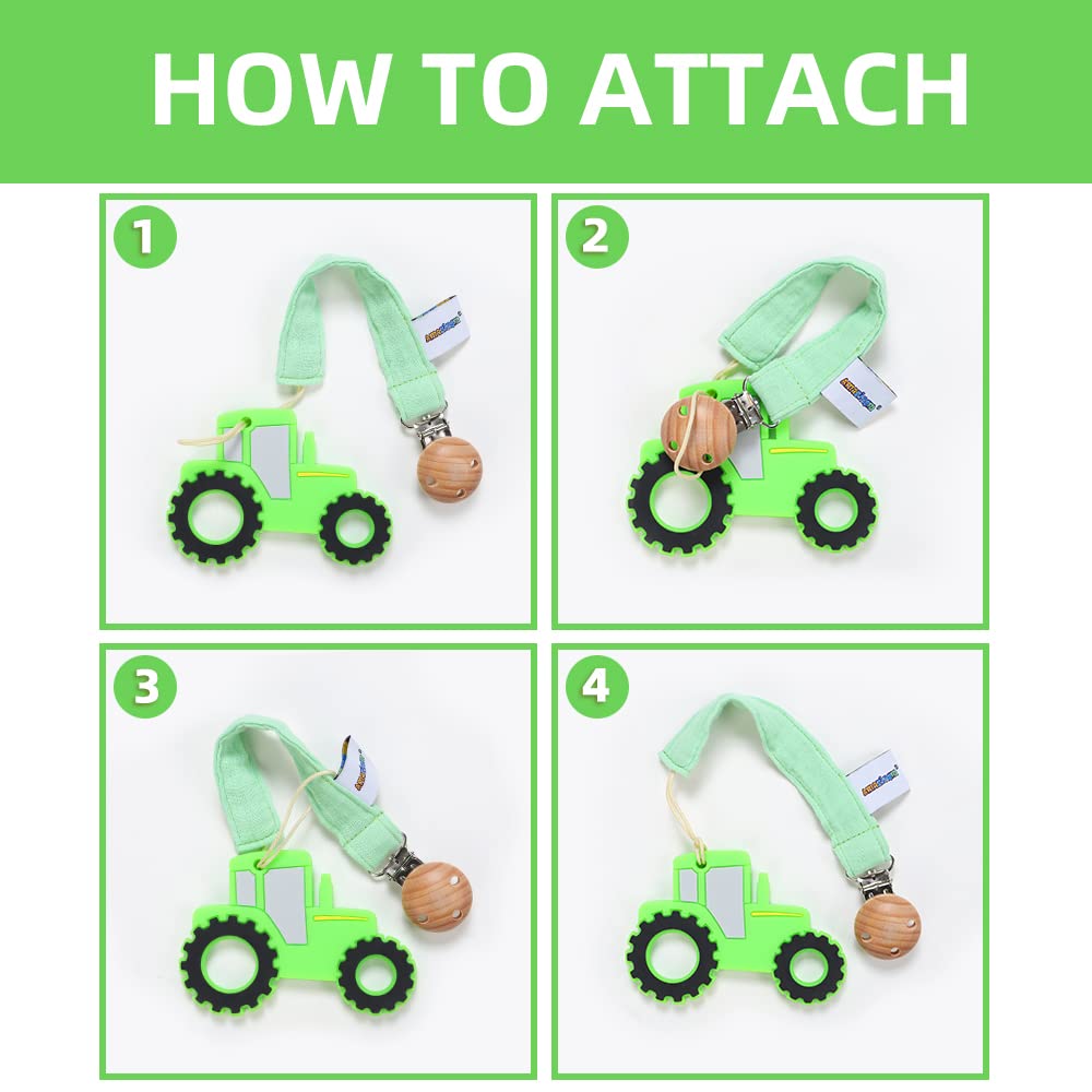 Juguete mordedor de silicona de grado alimenticio para bebés con soporte para chupete, juguetes de alivio del dolor de dentición para niños y niñas, apto para congelador, sin BPA (verde) 5