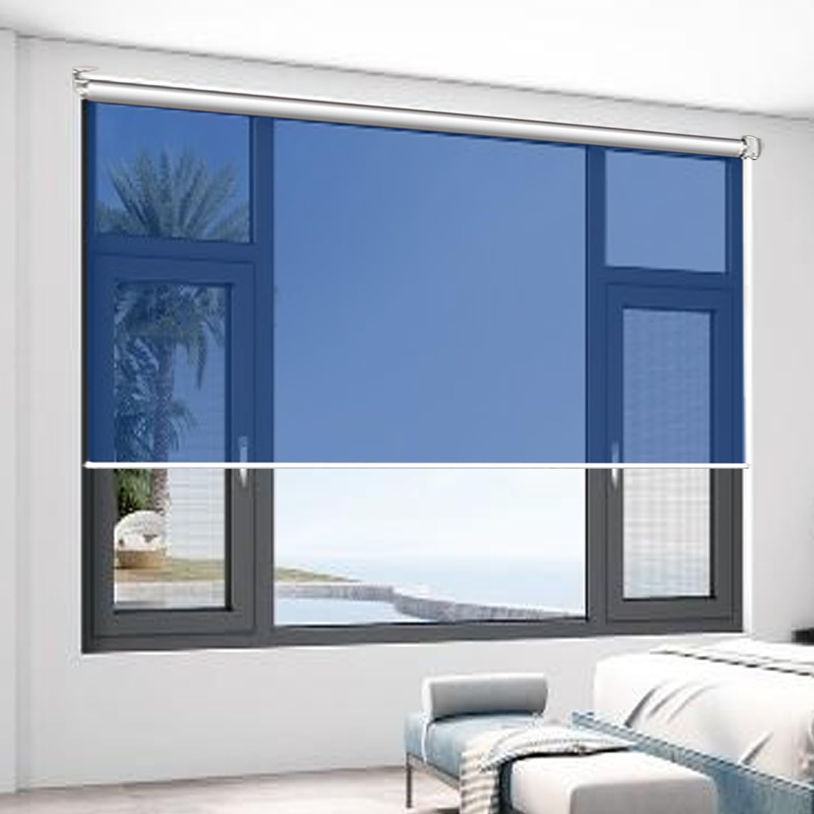 One Way Roller Blinds Window Tint Roller Shades Blue Anti UV See Through Curtain with Fittings Pull Down Mirrored Privacy Shade(W63X63IN)