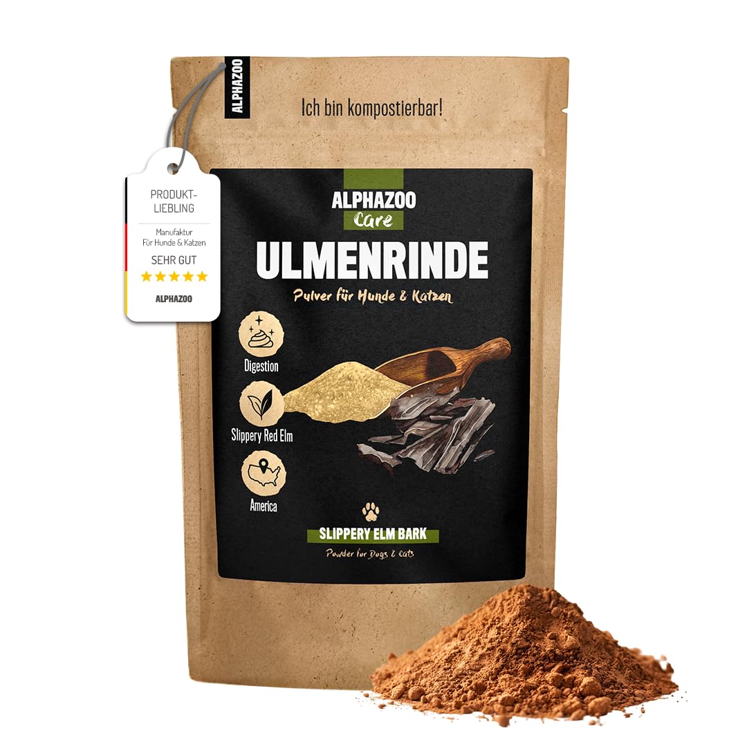 alphazoo Ulmenrinde Pulver für Hunde & Katzen 120g - Amerikanische Rotulme gemahlen - Ergänzungsfuttermittel mit Schleimstoffen - für Magen Darm und Verdauung - ohne Zusätze - Made in Germany