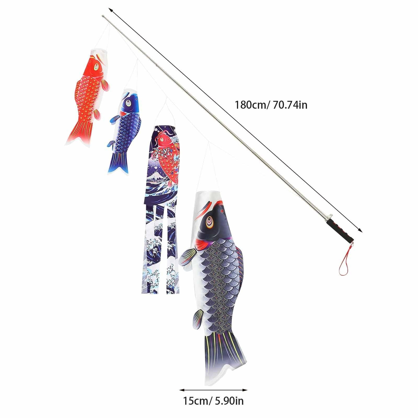 PACKOVE Manga de Viento para Peces al Aire Libre Estilo Japonés Material de Satén y Metal, Decoración Colgante Práctica y Elegante para Jardín y Terraza Exterior