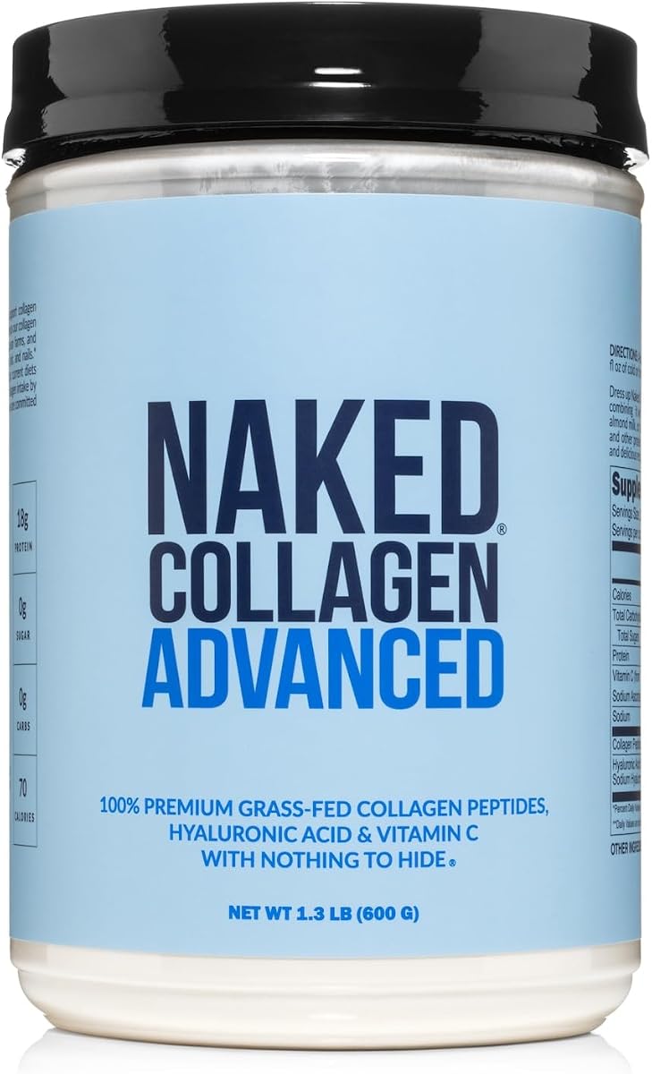 Colágeno avanzado: proteína de péptidos en polvo, ácido hialurónico, vitamina C, suplemento de colágeno hidrolizado criado en pastos, alimentado con pasto, apto para paleo, sin OGM, cetogénico, sin gluten, 1.3 lb