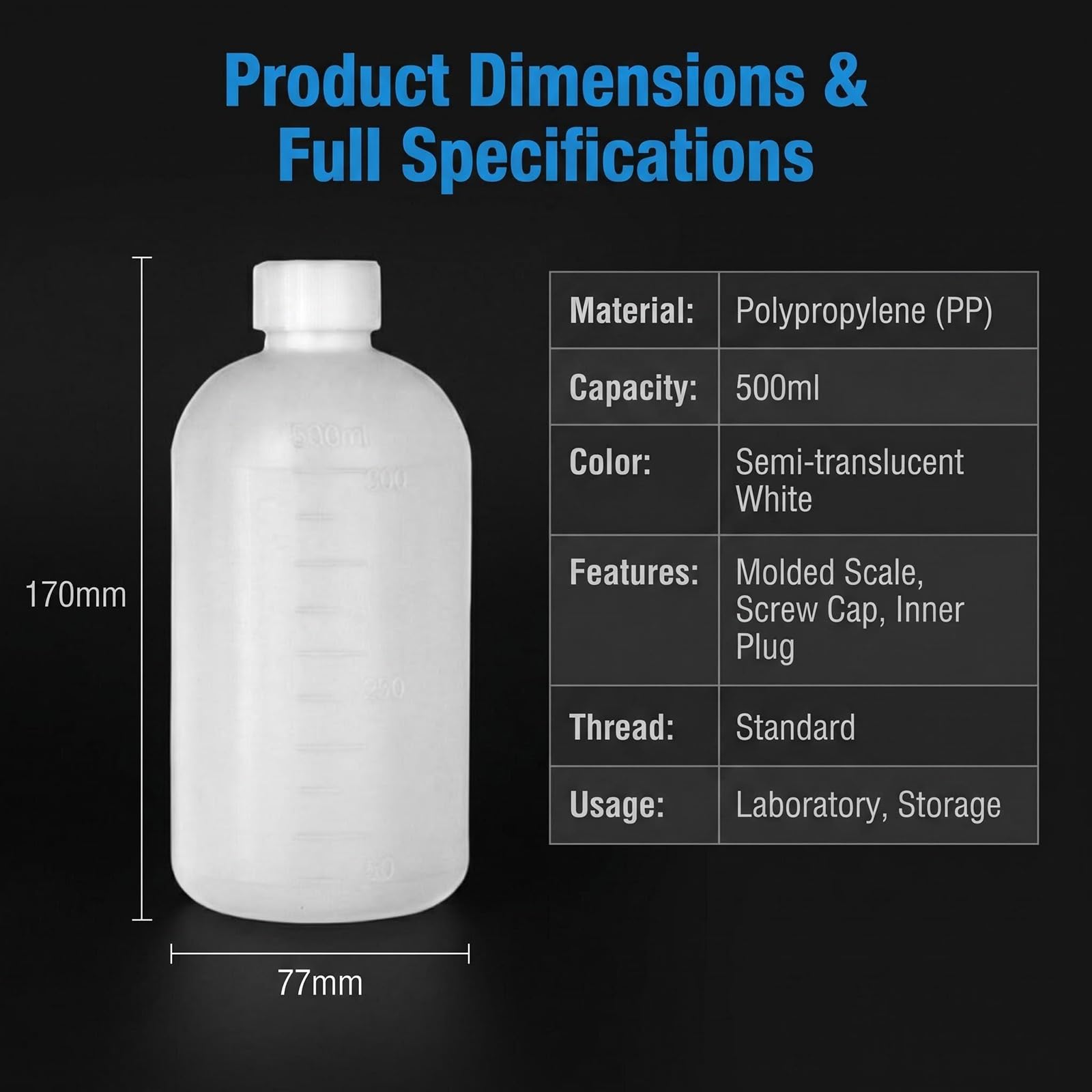 2PCS 500ml/17oz Plastic Small Mouth Graduated Lab Chemical Reagent