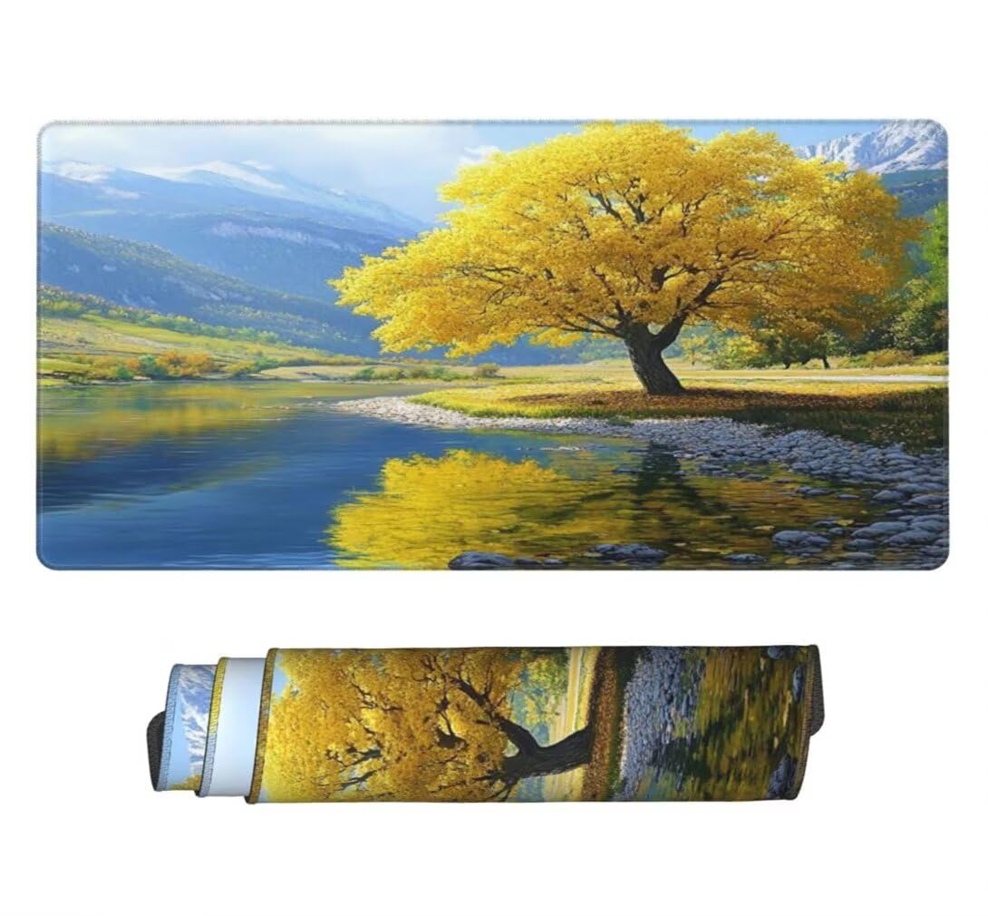 Alfombrilla Raton XXL 1000 x 500 x 3 mm, Mouse Pad Grande Gaming, Alfombrilla de Raton Árbol Dorado Mousepad Lavable Desk Mat para Juegos Y Oficina, Impermeable y Antideslizante (Paisaje) -MP1561