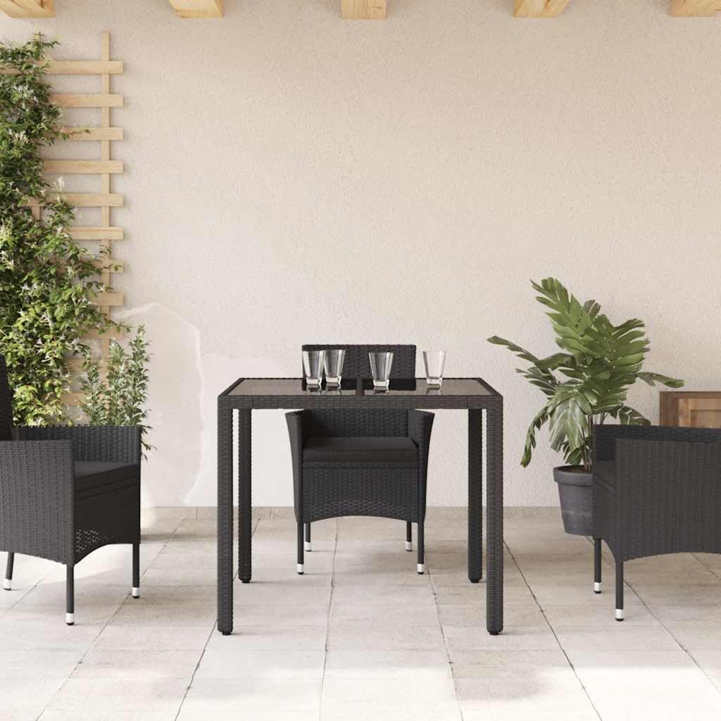 Poly Rattan Gartentisch mit Glasplatte Schwarz 90x90x75 cm, Stabiler pulverbeschichteter Stahlrahmen, pflegeleichtes PE-Rattan für Terrasse und Garten