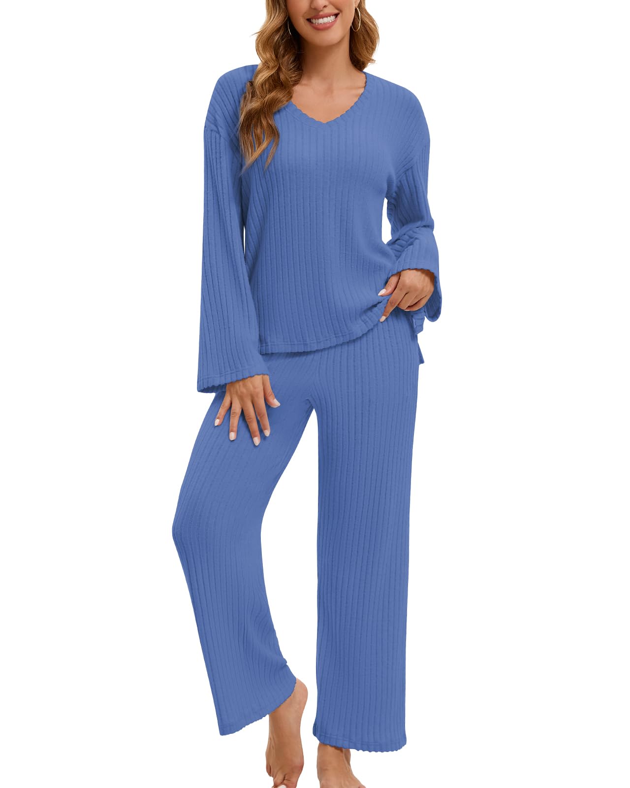 LEYSHE Hausanzug Damen Elegant Zweiteiler Lounge Set Warm Homewear Damen Set V-Ausschnitt Freizeitanzug Schlafanzug Winter