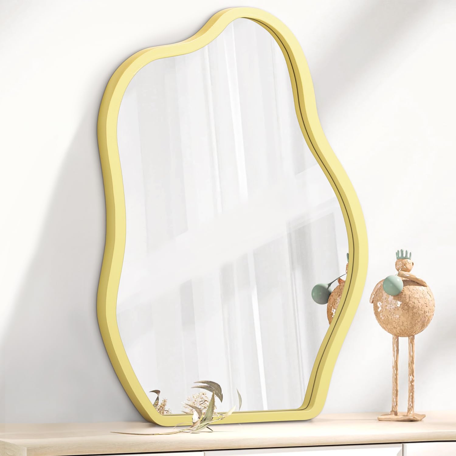 Wall Mirror Asymmetrical Irregular Wood Frame Mirror for Wall Unique Modern Wall-Mounted Artistic Cloud Shape Mirrors Decor for Bedroom Living Room Bathroom Entryway Hallway Yellow Large