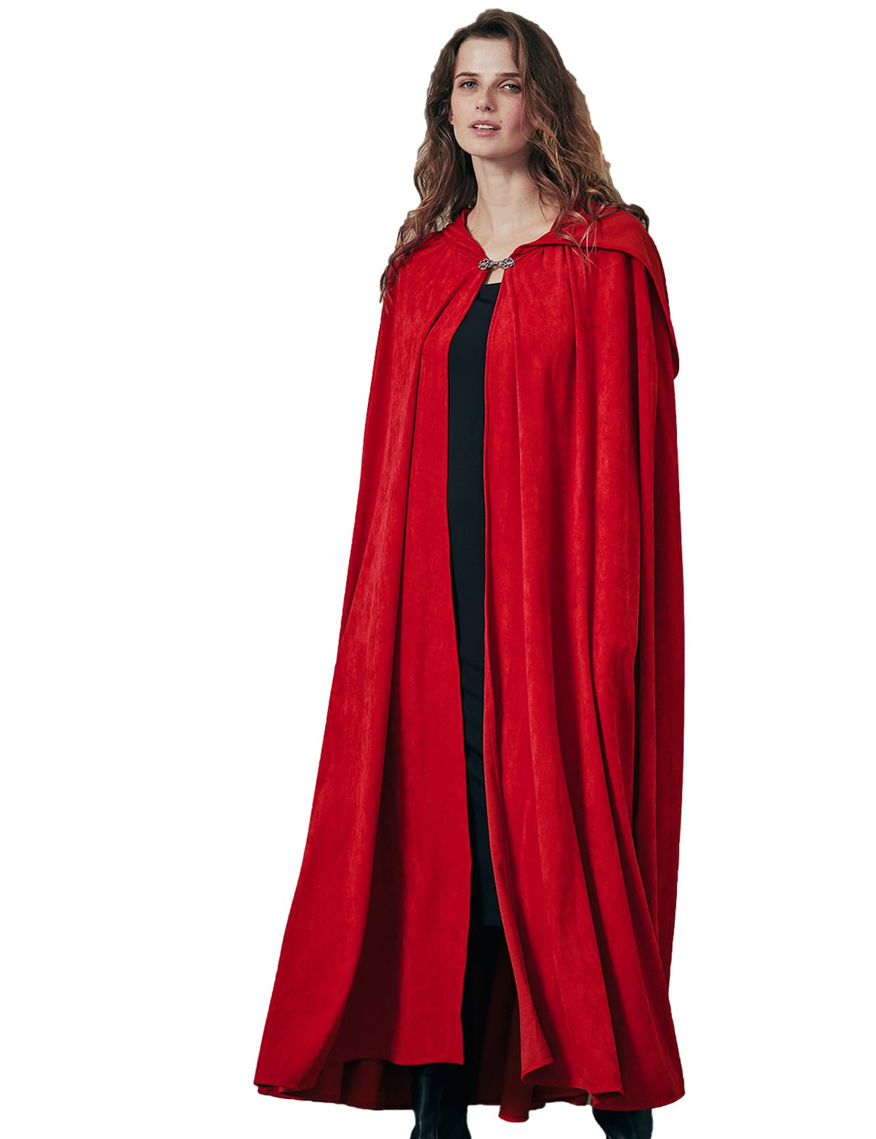 BEAUTELICATE Renaissance Hooded Cloak Faux Suede Long Medieval Cape With Hood Hobbit Northern Knight Witch Wizard Cosplay Halloween Fancy Dress Costume for Men and Women Red