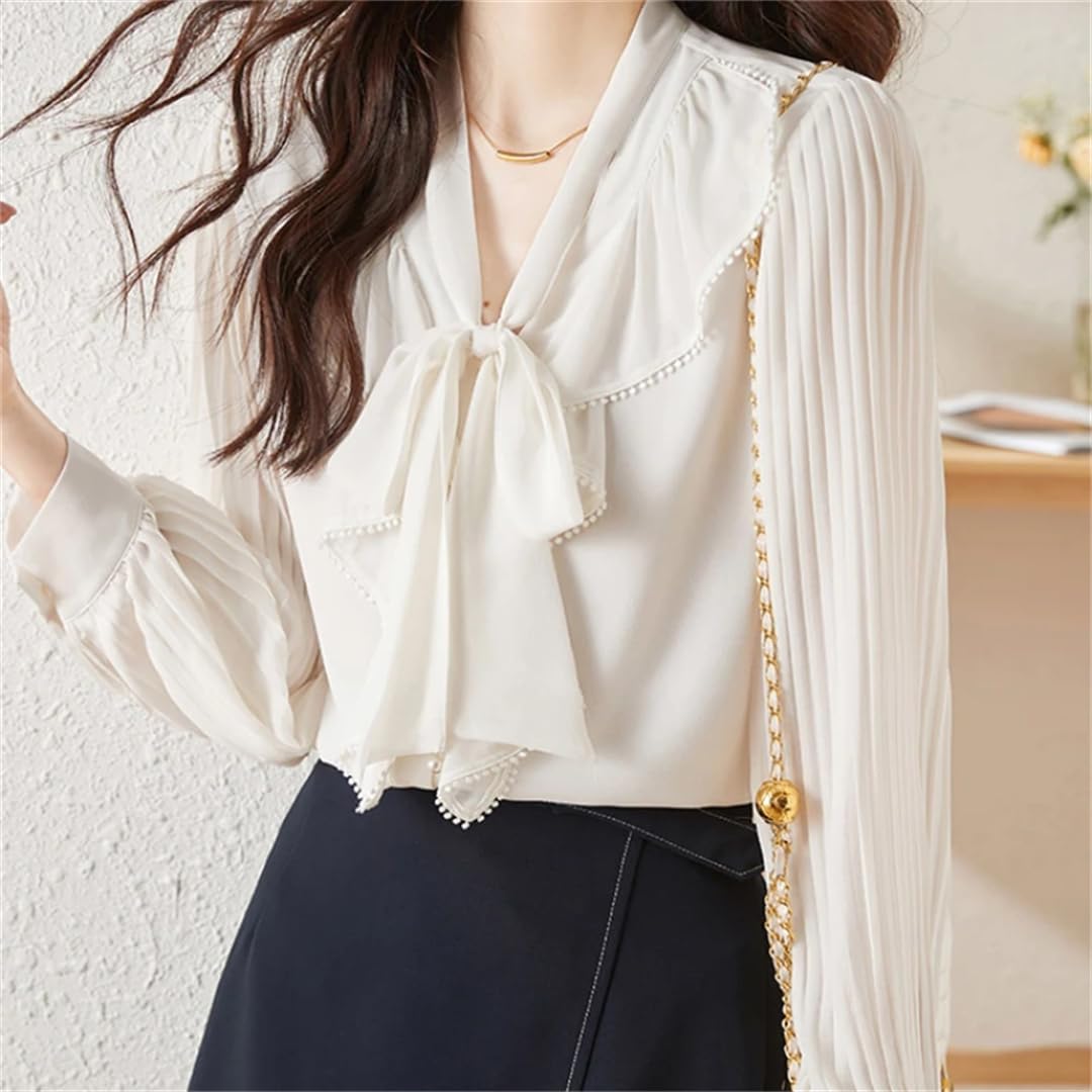 Camisa de oficina de manga larga para mujer, para primavera y otoño, con lazo, color liso