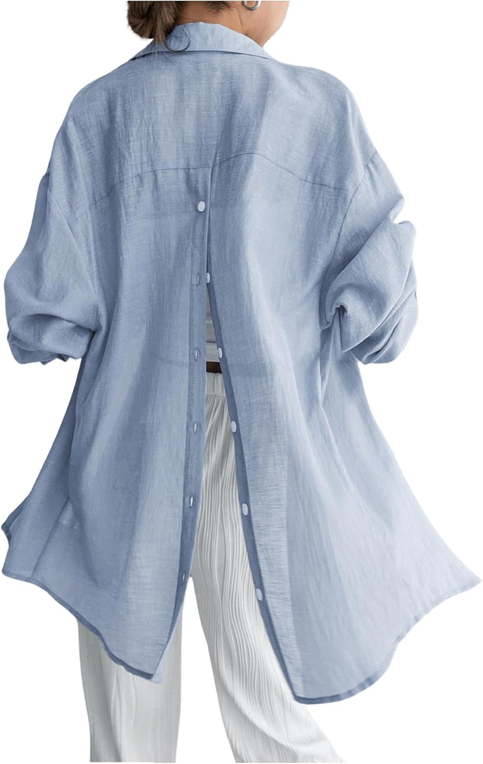 OYOANGLE Women's Solid Back Buttoned Shirts Drop Shoulder Long Sleeve Casual Collar Loose Fit Button Down Shirt