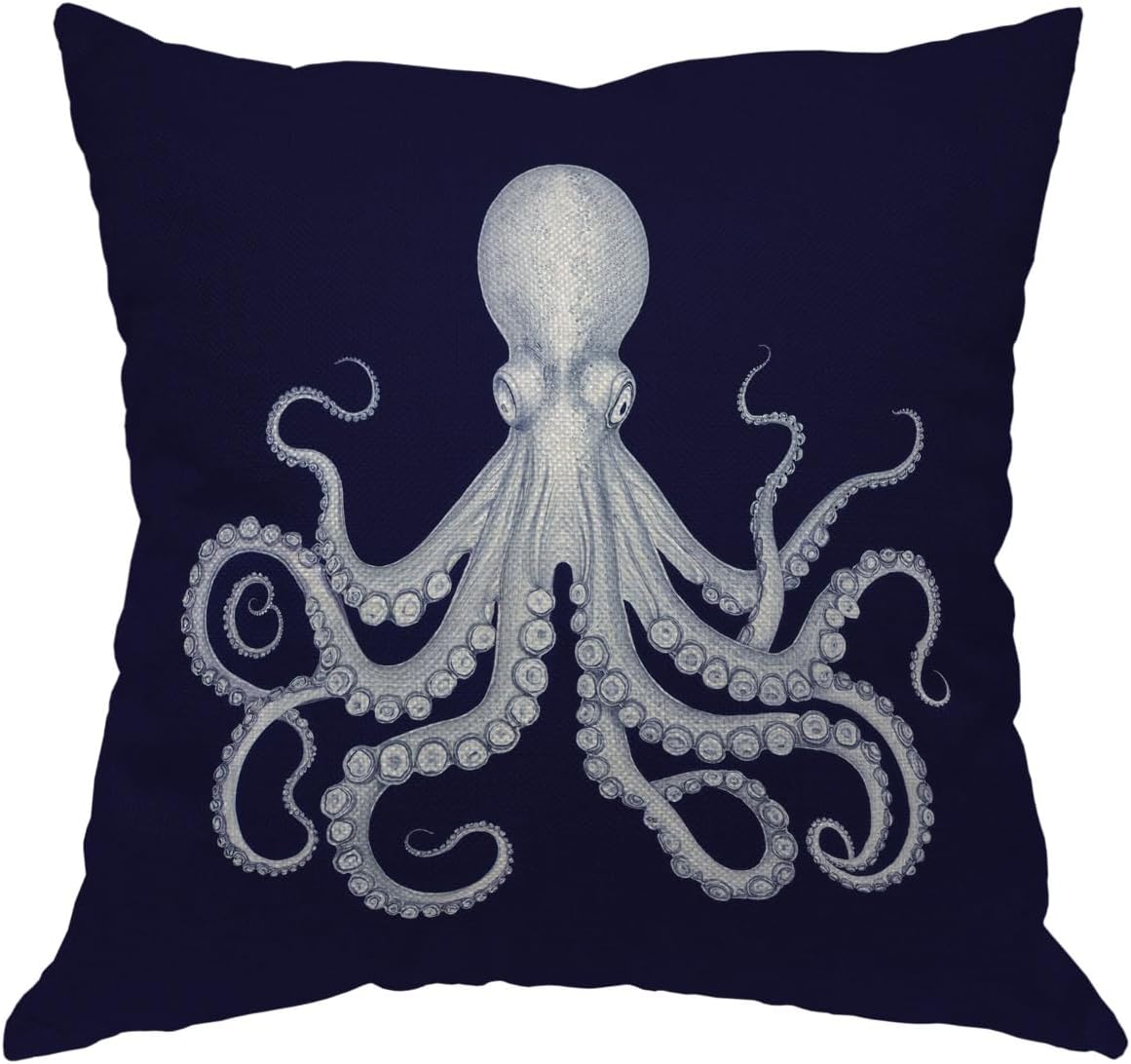 Moslion Octopus Pillow Case,Cute White Giant Octopus on Dark Blue Background Throw Pillow Case 18" x 18" Inch Cotton Linen Cushion Cover for Men Women Navy Blue White