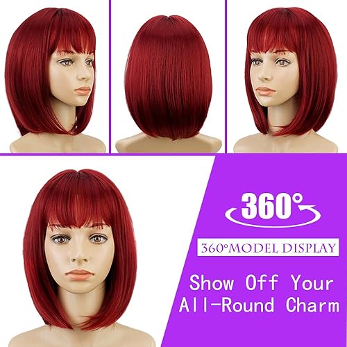 Miniatura 2 de Peluca corta roja con flequillo, pelucas de estilo Bob natural de 12 pulgadas para mujer, peluca sintética de colores bonitos para fiestas diarias