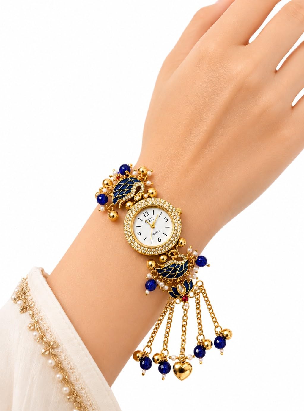 Kashmiri Bracelet Watch for Women Stylish | Blue Swan Pearl Strap Analog Watch | Ethnic Fashion Jewellery Watch for Girls | Festive, Wedding, Party & Gift