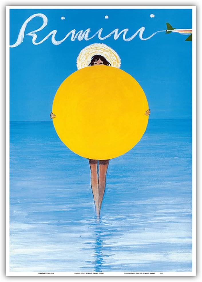 Rimini Italy - Italian Girl with Sun Beach Umbrella - Vintage Travel Poster by René Gruau c.1990 - Master Art Print (Unframed) 13in x 19in