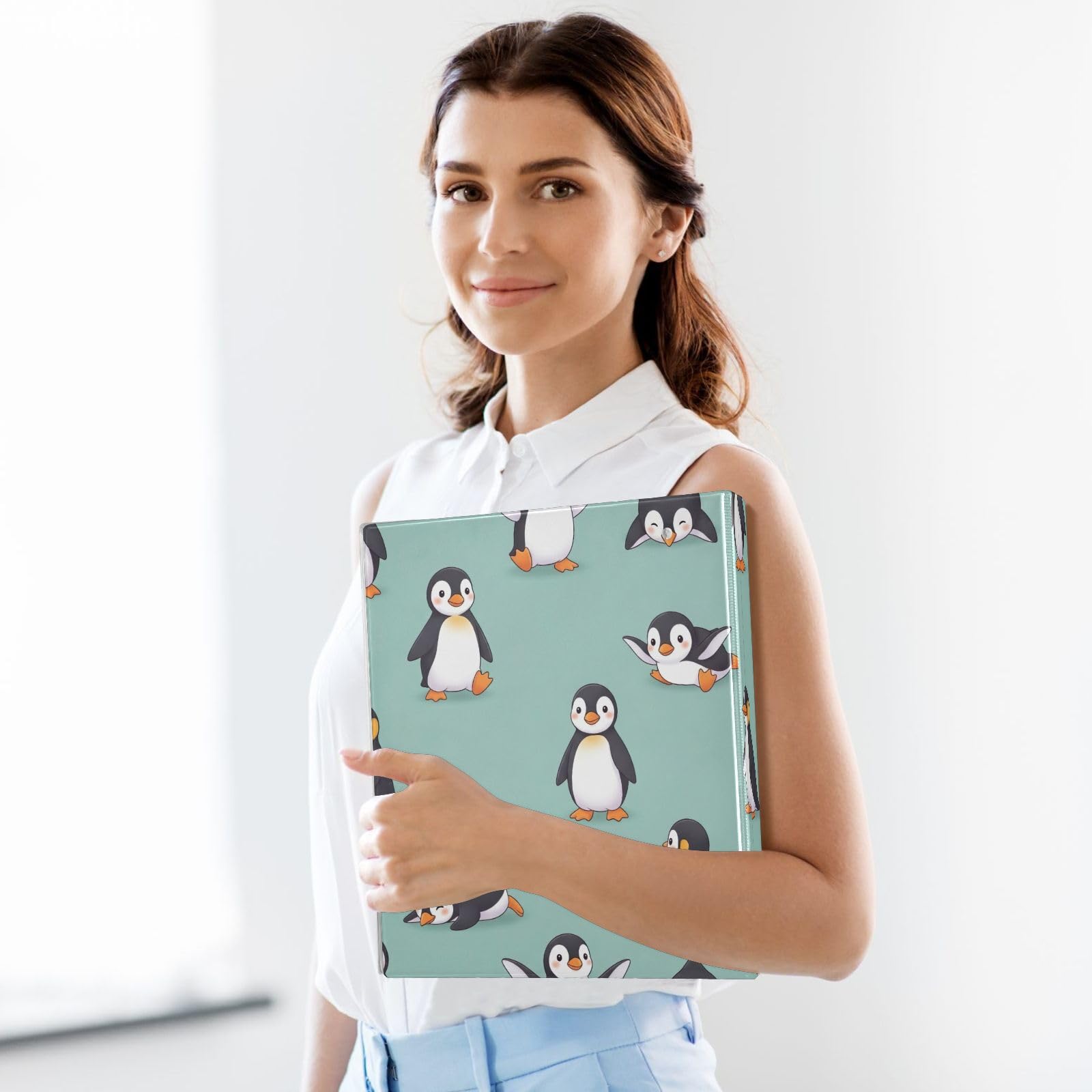 Raccoglitore a tre anelli con pinguini in stile cartone animato, 3,8 cm, con portablocco grande, 3 raccoglitori per scuola, università, ufficio (confezione da 2)