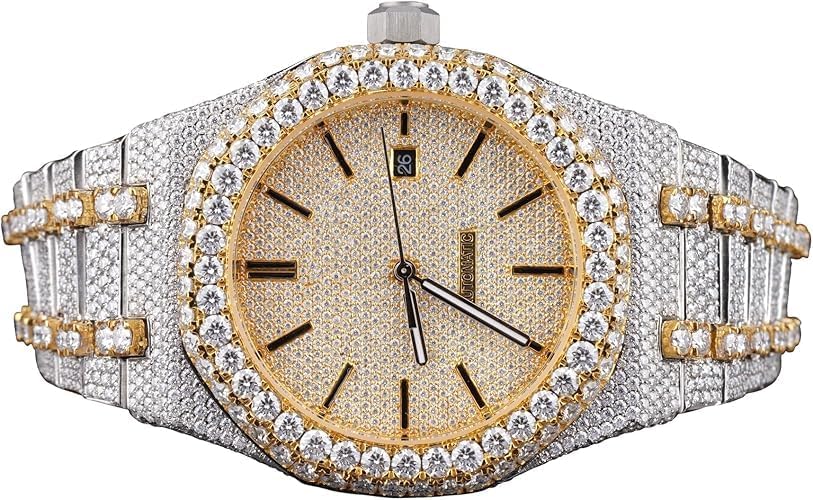 Men&#39;s Round Moissanite Watch – Fully Paved Date Dial 18K Gold Two-Tone Finish Iced Look Dress Watch Luxury Wrist Watch Gift for Him