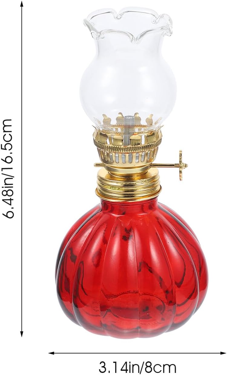 Luxshiny Glass Kerosene Oil Lamp with Flame Regulator Windproof Decorative Lantern for Indoor Use Festive Atmosphere Lighting for Home Kitchen Bedroom Wedding Vintage Red Pumpkin Design