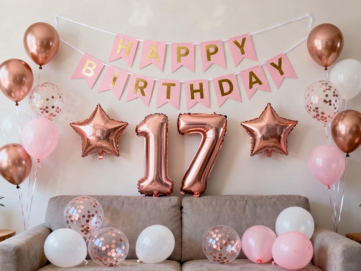 Decorazioni Compleanno 17 Anni Ragazza - Palloncini Beige, Oro Rosa E Bianco