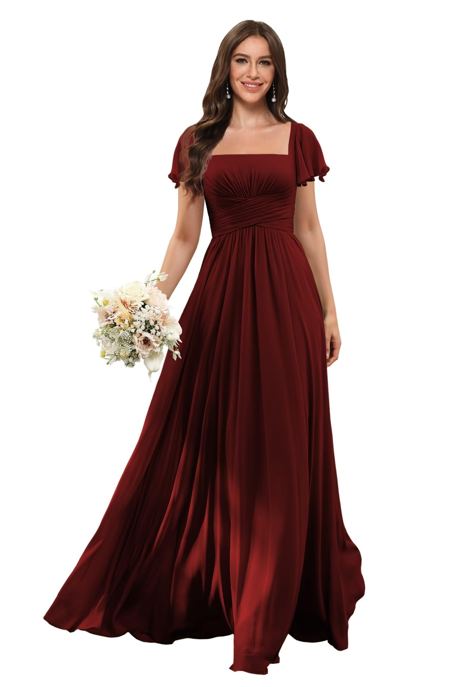 Damen Brautjungfernkleider Lang - Chiffon A-Linie Formelle Abendkleid Elegant Maxi Festkleid Mit Flatterärmeln Für Hochzeitsgast