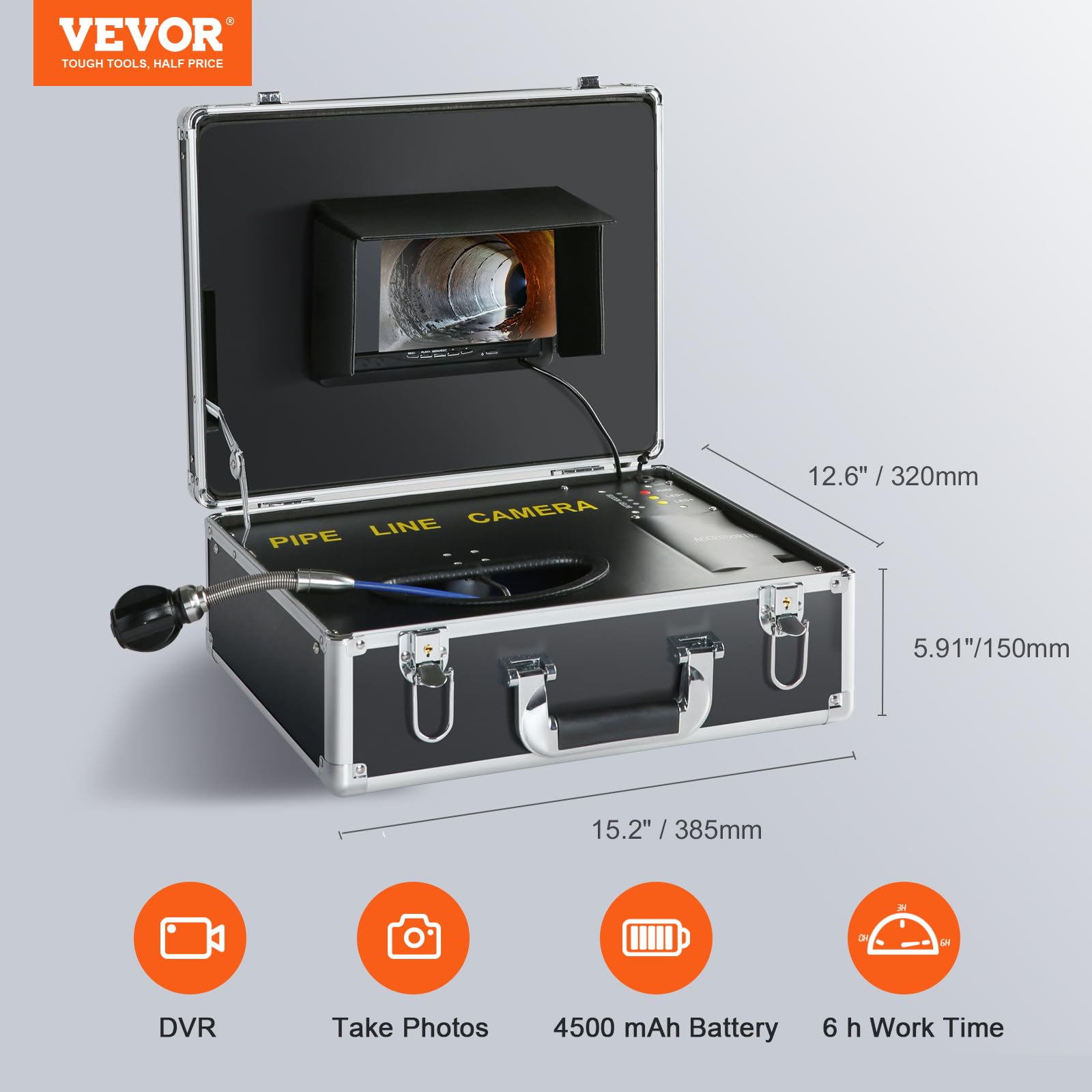 VEVOR Telecamera per Ispezione Tubi 50 m Endoscopio per Scarichi con Schermo da 7'', Funzione DVR, Impermeabile IP68, 12 LED Orientabili, Scheda SD 16 GB, Cavo Semirigido per Condutture, Fognature