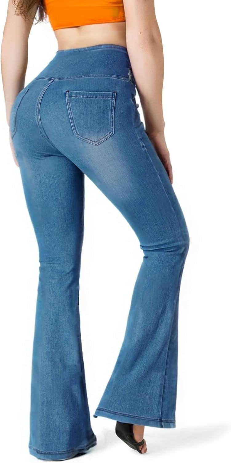 BlueRose Knit Stetchy Flare Jean for Women,Jean Leggings with Pockets High Waisted Pull on Bell Bottom Yoga Pants - Image 2