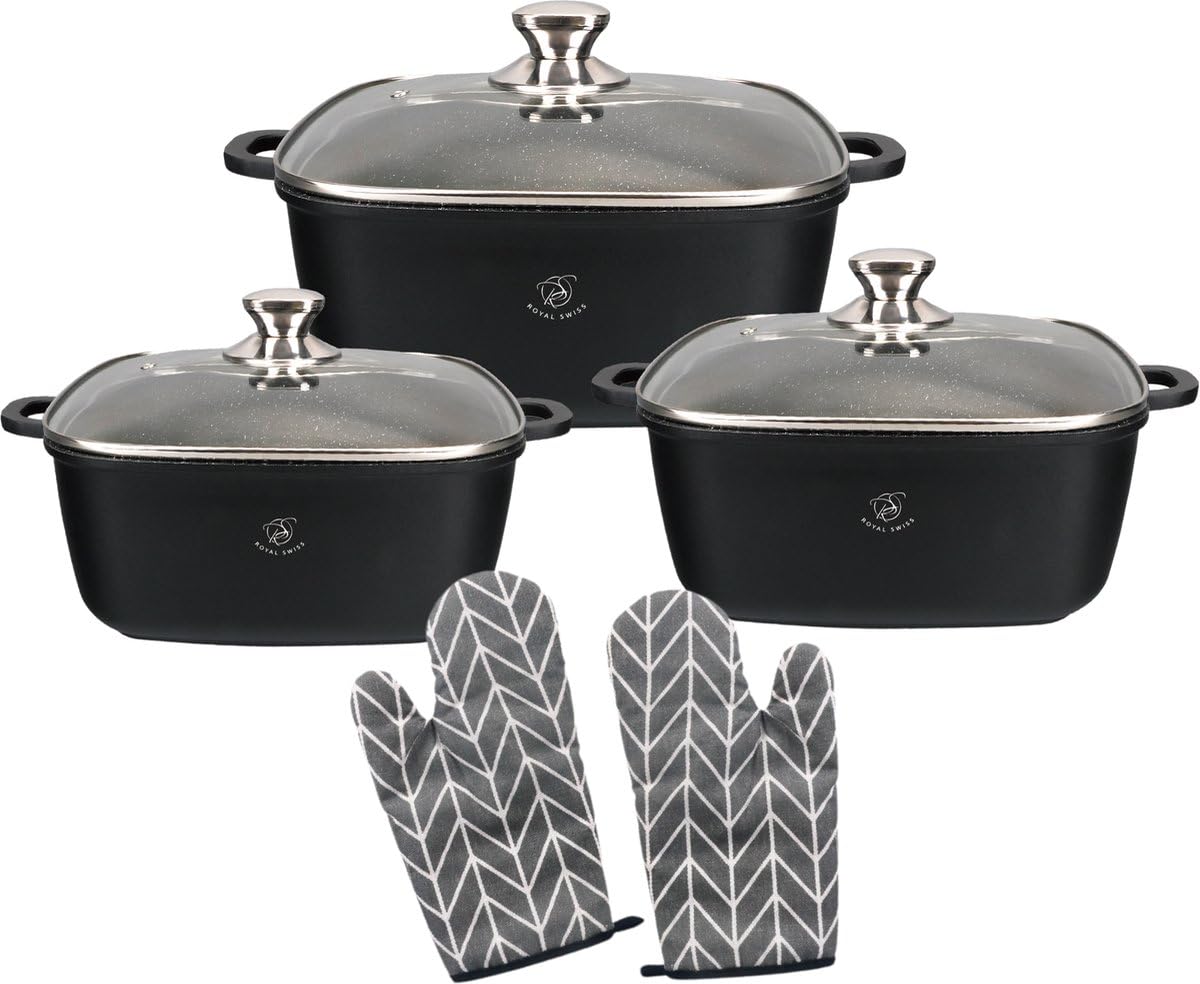 Royal Swiss® Batterie de Cuisine 6 Pièces – Casseroles Carrées Revêtement Effet Marbre – Tous Feux dont Induction & Four – Couvercles en Verre Trempé – Aluminium Antiadhésif – Noir