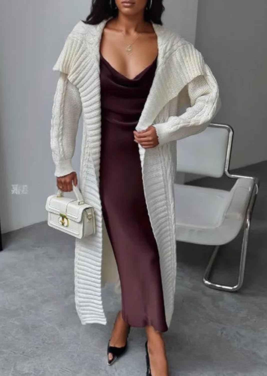 Women's Cable Knit Long Cardigan Long Sleeve Open Front Lapel Shawl Collar Chunky Oversized Duster Sweaters Coat - Image 2