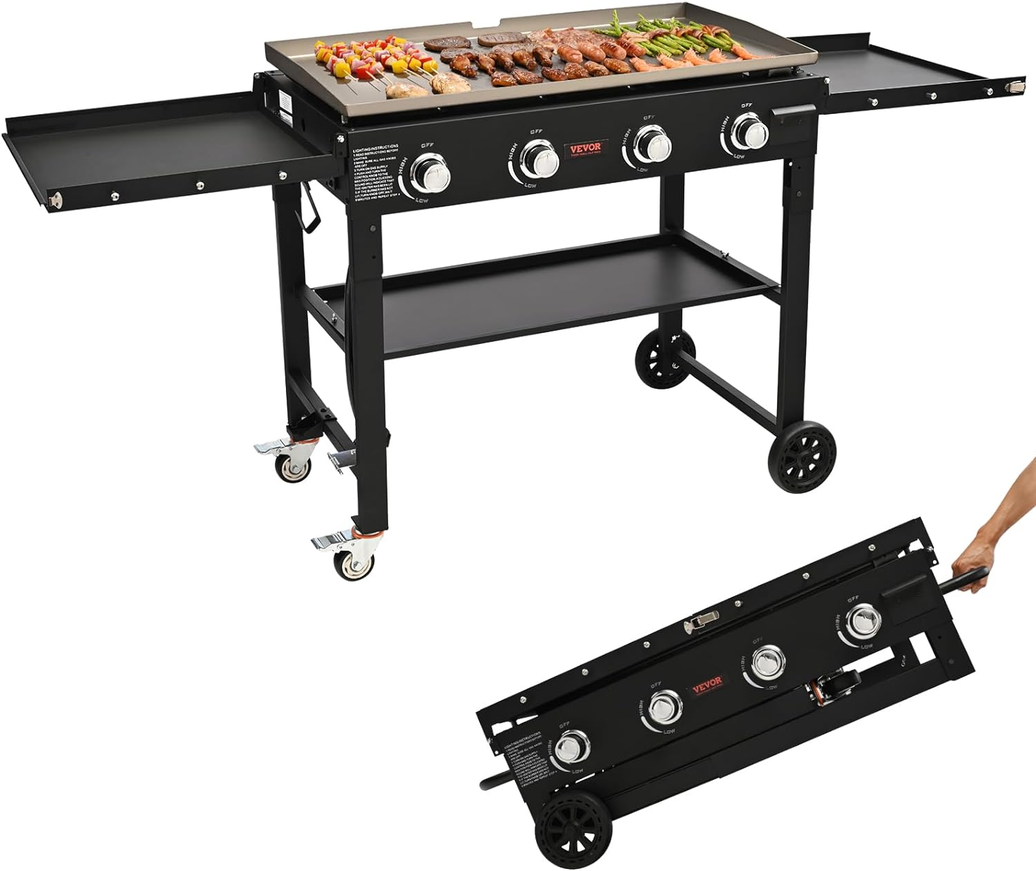 Propane Griddle on Cart, 36″ Heavy Duty Manual Flat Top Griddle, Outdoor Cooking Station with Side Shelves, Steel Propane Gas Griddle, 4-Burners Restaurant Portable Grill – 60,000 BTU