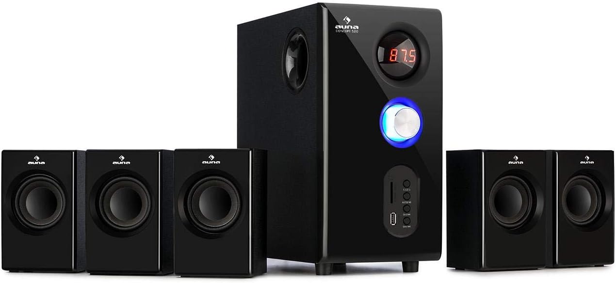 AUNA Areal 520 5.1 Speaker System - Power: 75 Watts RMS, OneSide Subwoofer, Balanced Sound Concept, Bluetooth Function, USB Port, SD Slot, Includes