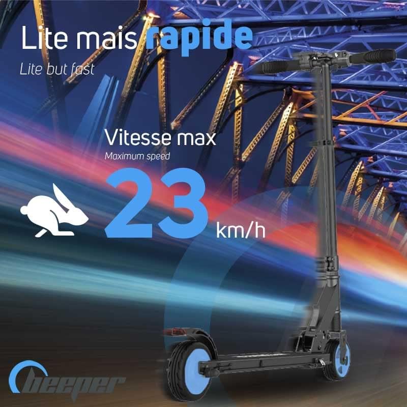 Image showing the BEEPER FX1L electric scooter with a graphic indicating a maximum speed of 23 km/h.