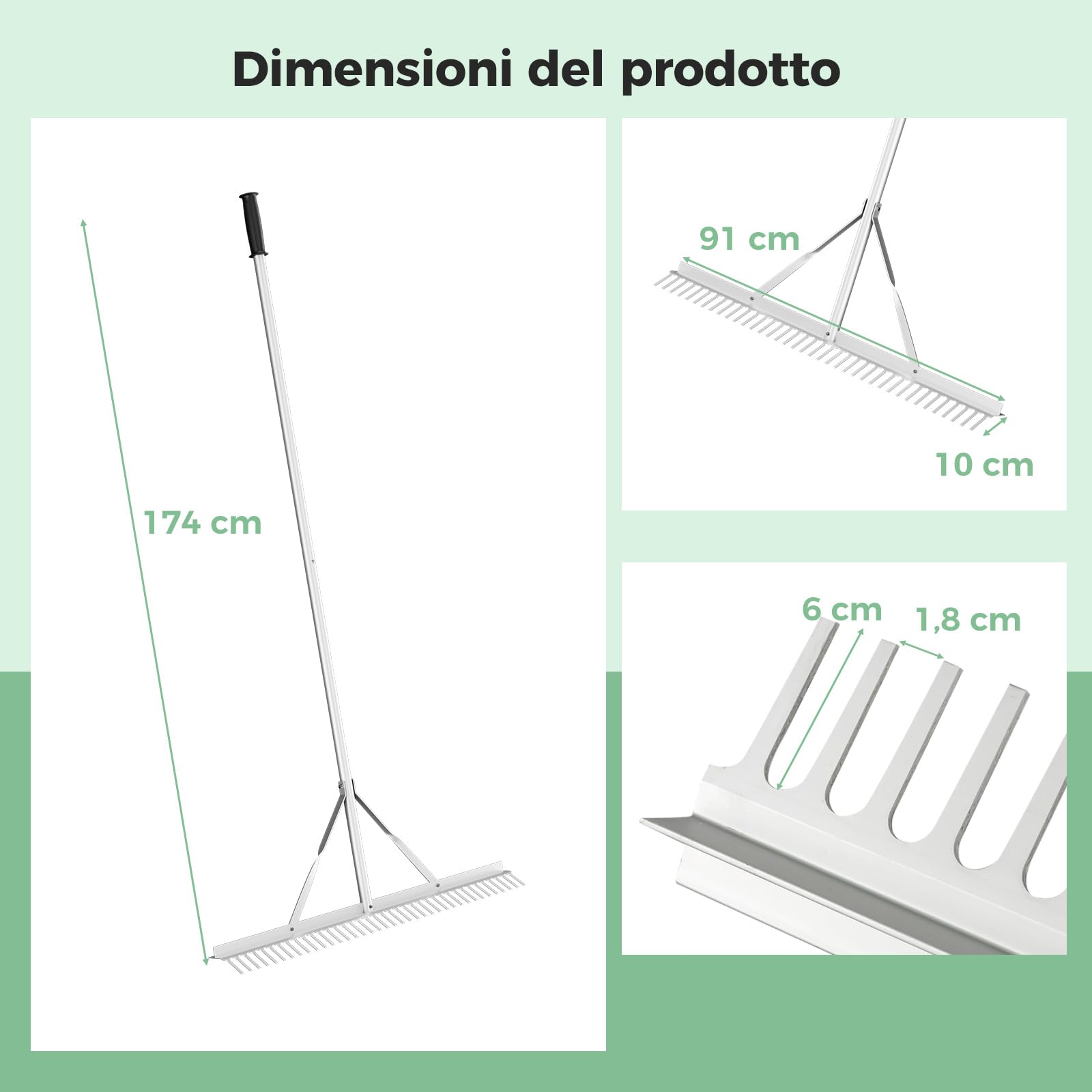 COSTWAY Rastrello da Giardino, Rastrello in Alluminio con Testa Larga 91 cm, 36 Denti, Manico Lungo 174 cm, per Allentare il Terreno, Cura del Prato, Cura del Lago Stagno Spiaggi