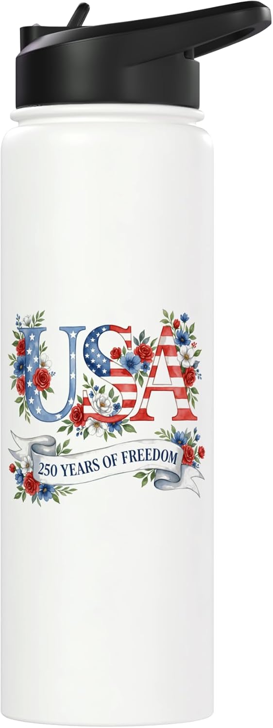 USA Floral Rose 250 Years of Freedom Patriotic 4th of July Stainless Steel Insulated Water Bottle