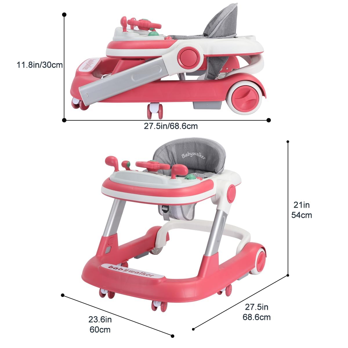 UBRAVOO Andador 2 en 1 para niños pequeños con bandeja extraíble y bandeja de música (sin batería), carrito plegable para niños de 6 a 18 meses (rojo)