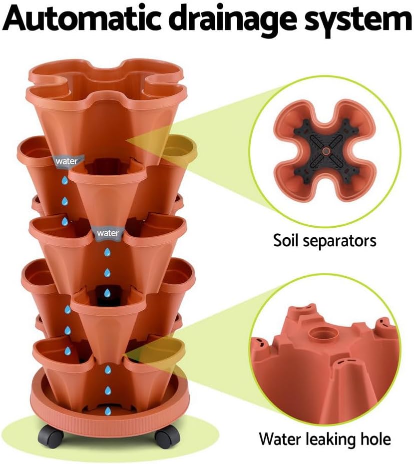 Green Fingers Vertical Planter 5 Tier Stackable Planters Raised Garden Beds Strawberry Herb Flower and Vegetable Planter Indoor Outdoor Gardening Pots with Removable Wheels