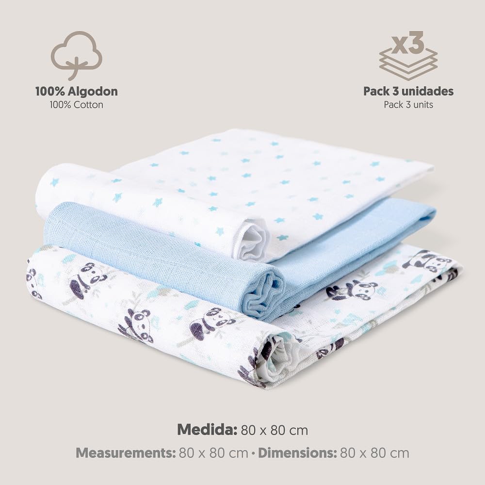 Mussole per neonato Panda blu Set 3