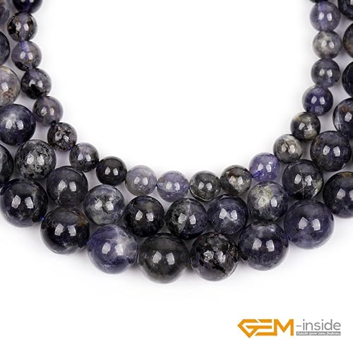 Miniatura 276 de GEM-Inside - Cuentas sueltas de piedra de lava negra natural de 0.315 in para hacer joyas, 15 pulgadas Cordierita de grado A