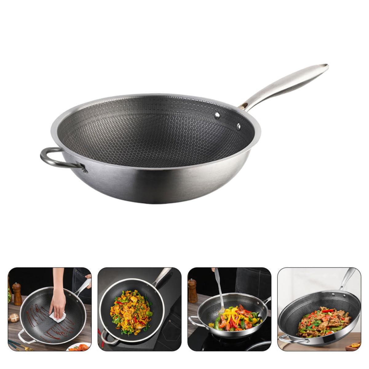 DECHOUS Wok de Acero Inoxidable 32 CM Estructura de Panal Antiadherente Doble Mango Ergonómico Apto para Cocina de Inducción Estufa Eléctrica Gas Sartén Wok Multifuncional para Freír