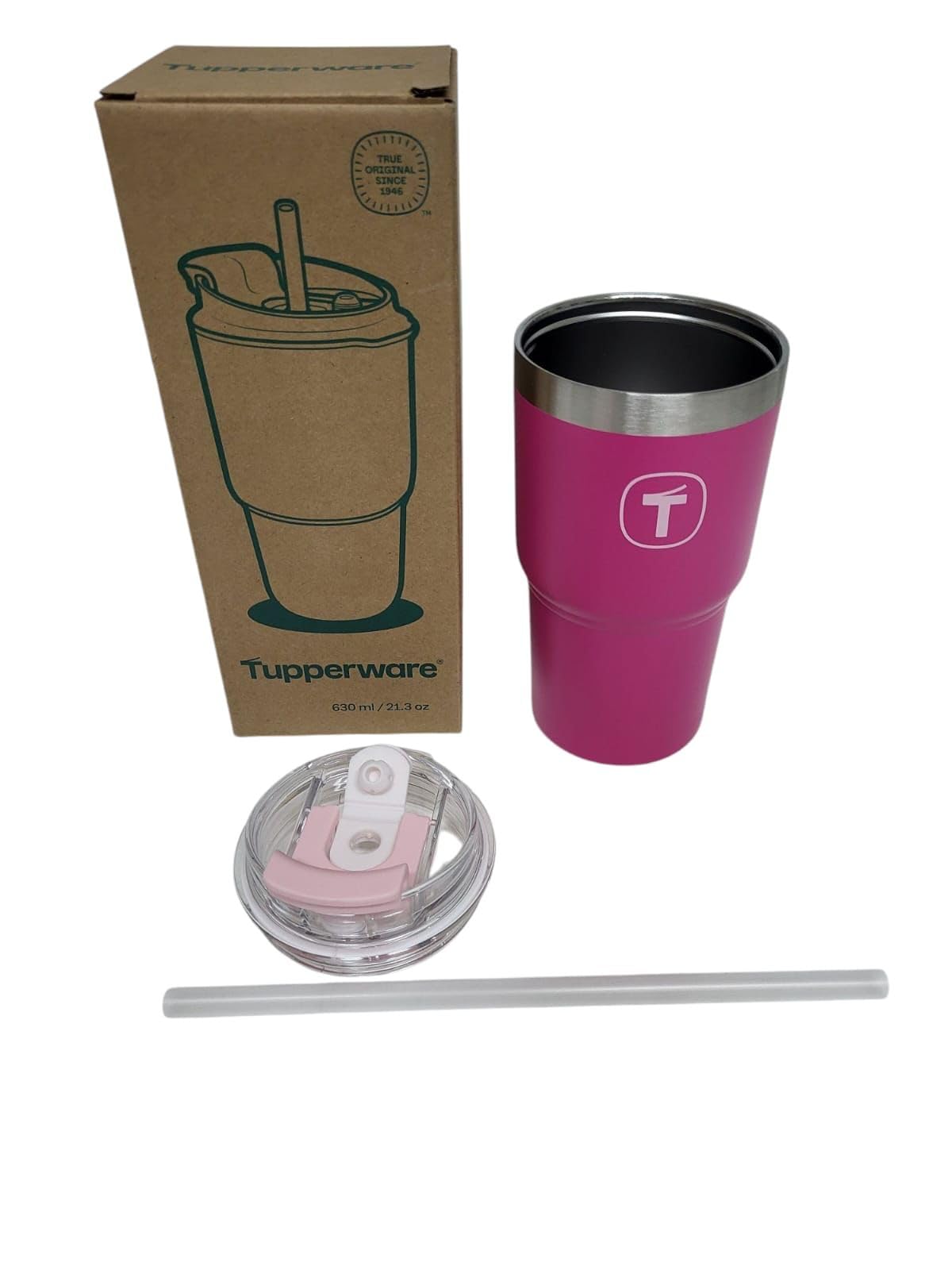 Tupperware Thermobecher big T Tumbler To go Thermo Tasse Kaffee Tee Becher hält kalt und warm pink Edelstahl 630ml 630 ml mit Strohhalm Sport Diät Shake