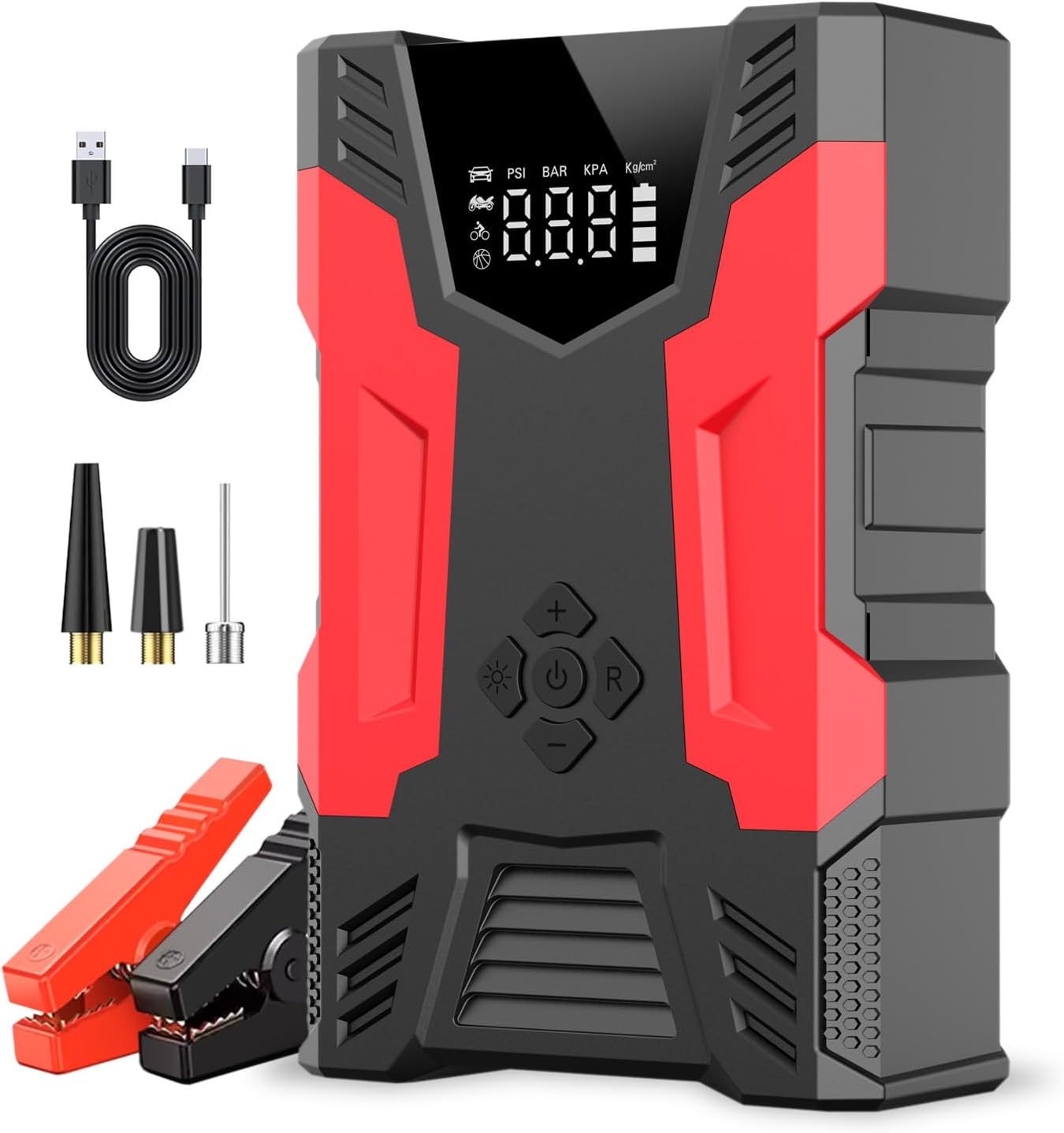 Car Jump Starter with Air Compressor, 3000A Peak Portable Battery Built-in Air Compressor and Air Hose, 150PSI Tire Inflator Up to 7.0L Gas/5.0L Diesel USB QC 3.0 10000mAh Power Bank, LED Flashlight