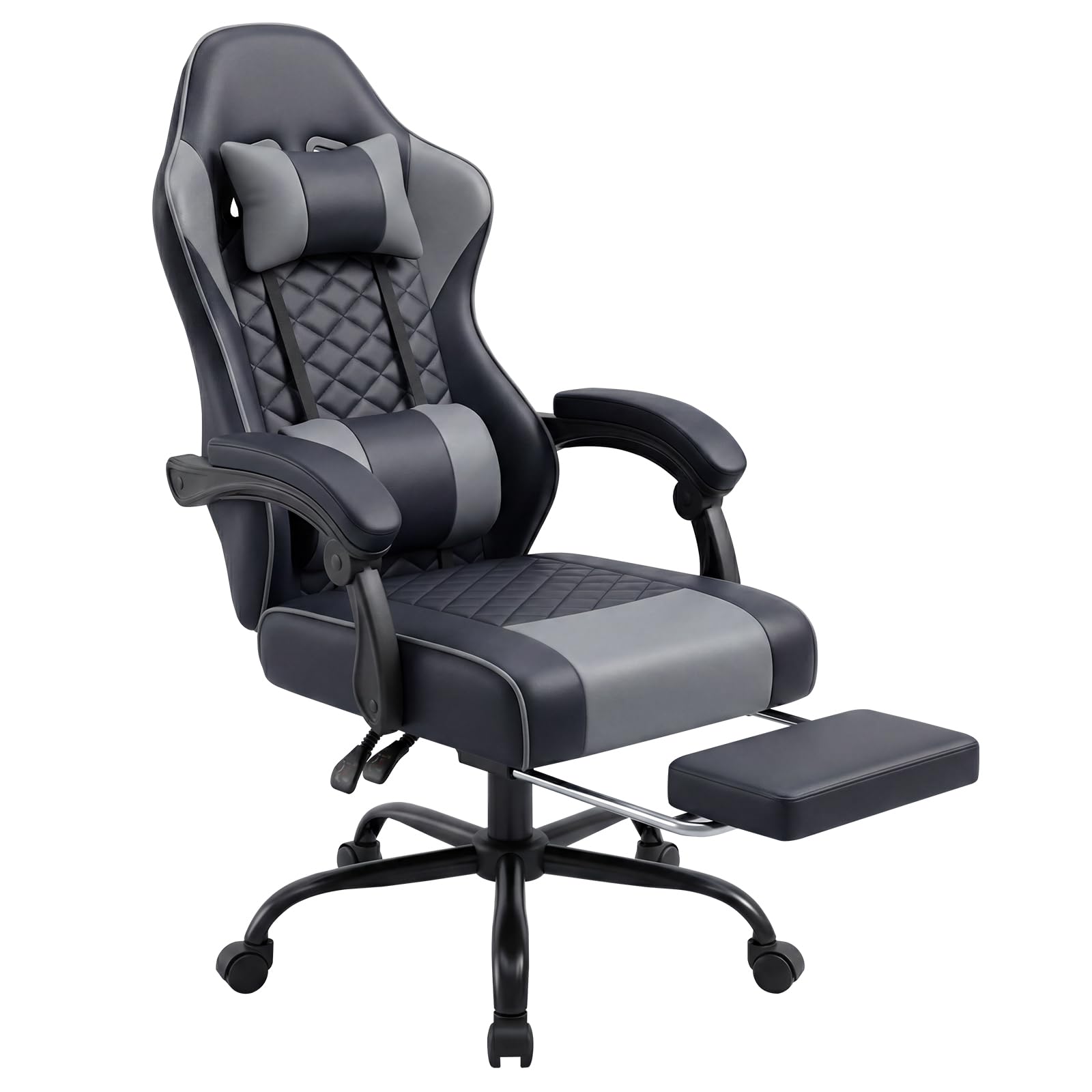 Panana Racing Style Gaming Chair with Footrest, PU Leather, Massage Lumbar Support, Reclining, 360° Swivel Seater Adjustable Height (Grey)