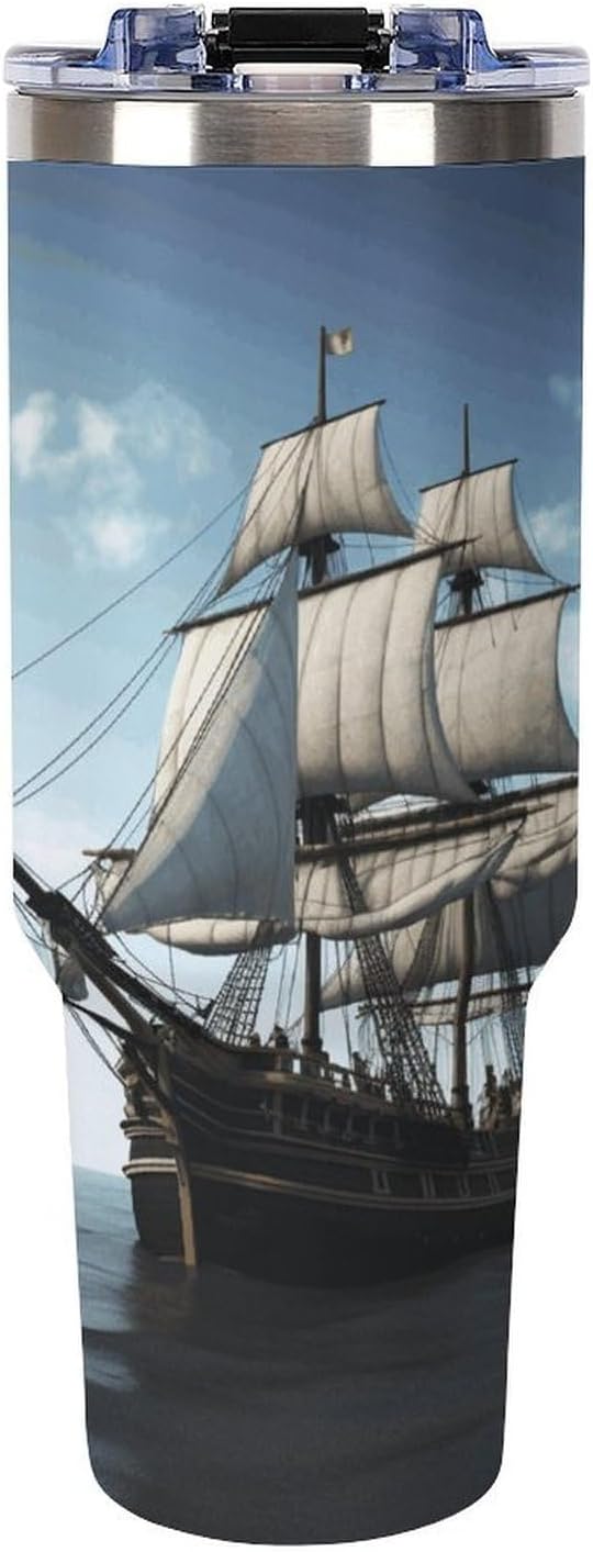 Old Sailing Ship Travel Coffee Mug Reusable Durable Stainless Steel Insulated Tumbler with Handle And Straw Leak Resistant Portable Thermal Cup Gifts for Men Women 40 Oz