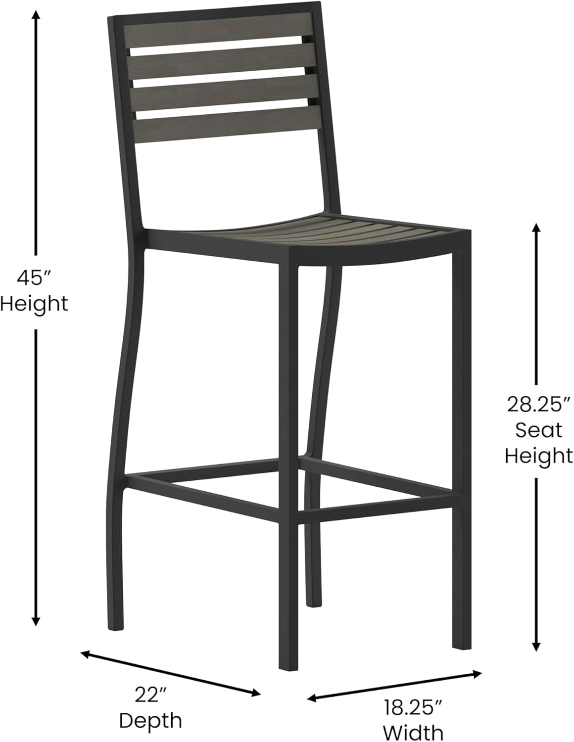 BizChair Commercial Grade Bar Height Stool, All-Weather Outdoor Bar Stool with Faux Wood Poly Resin Slats and Aluminum Frame, Gray Wash
