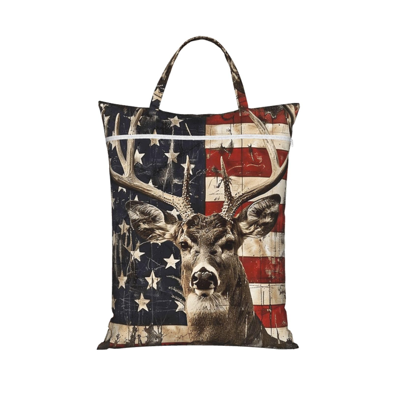 Large Travel Laundry Bags,Americana Flag Deer Print with Handle Foldable Laundry Bag for Holidays Gym Swimming and Family Trips, 1Pcs