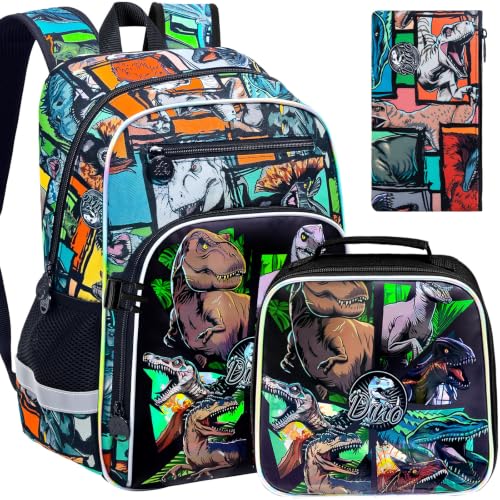 Image of WZLVO 3PCS Kids Dinosaur Backpack Set, 16 inch Cool UV Printing Boys Bookbag /School Bag with Clip-On Lunch Bag & Pencil Bag for Preschool to Elementary - Dinosaur Khaki