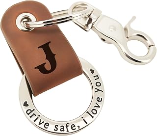Personalized Embossed Leather Keychain for Him - Engraved Name Initial & Drive Safe I Love You - Boyfriend Dad Gift