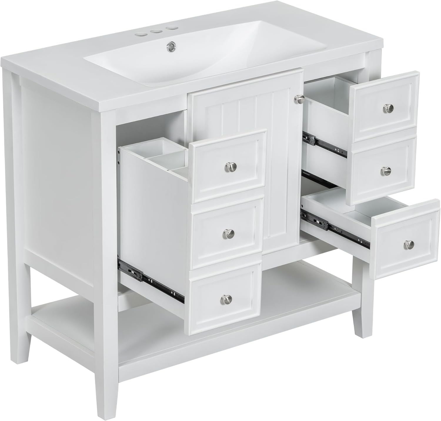 Bellemave 36" Bathroom Vanity with Top Single Sink 1 Cabinet 3 Drawers 1 Open Shelf, Solid Wood Frame Soft-Closing Door with Ceramic Sink for Bathroom（White）