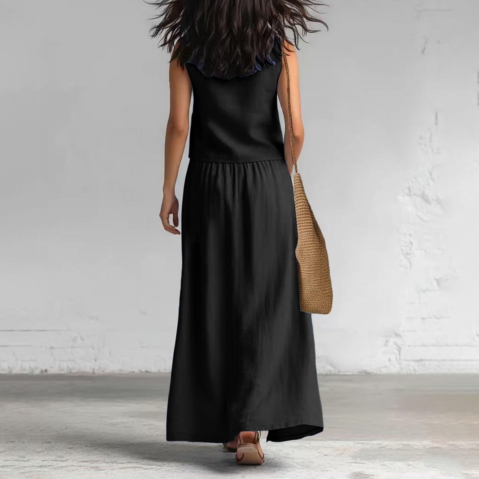 Linen Co Ord - Conjuntos de 2 piezas para mujer, traje de viaje al aeropuerto, cuello en V, chaleco sin mangas y falda larga con bolsillos, trajes de vacaciones de verano