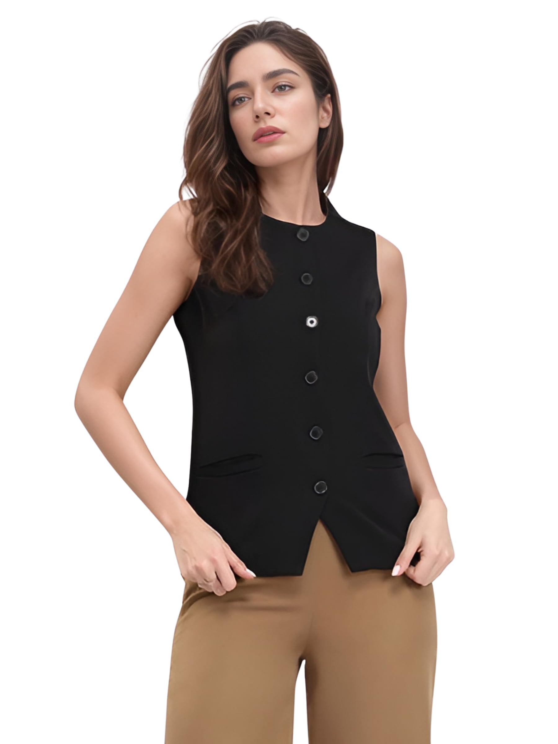 Women Stretch Waistcoat – Sleeveless Lightweight Round Neck Premium Vest with 2 Pockets | Ideal for Formal, Office, Casual, Party